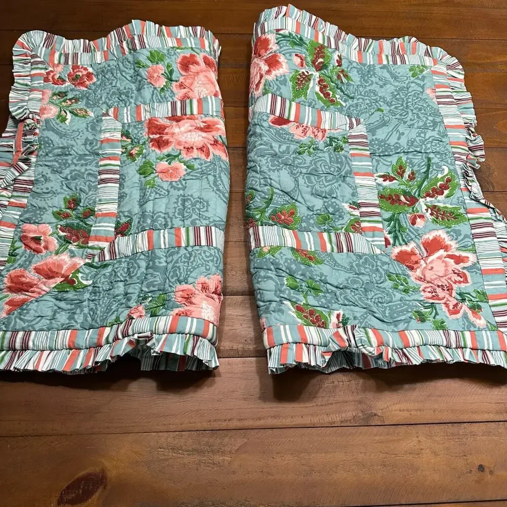 Soft Surroundings Quilted Floral Stripe Ruffle Cottagecore Farm Shams set 2 Boho